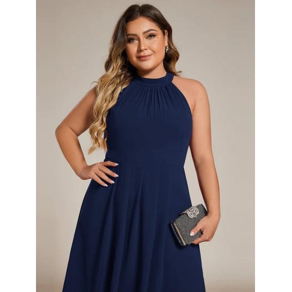 Popular A-line Sleeveless Halter Neck Wedding Guest Dress Navy Blue Chiffon Cocktail Dresses