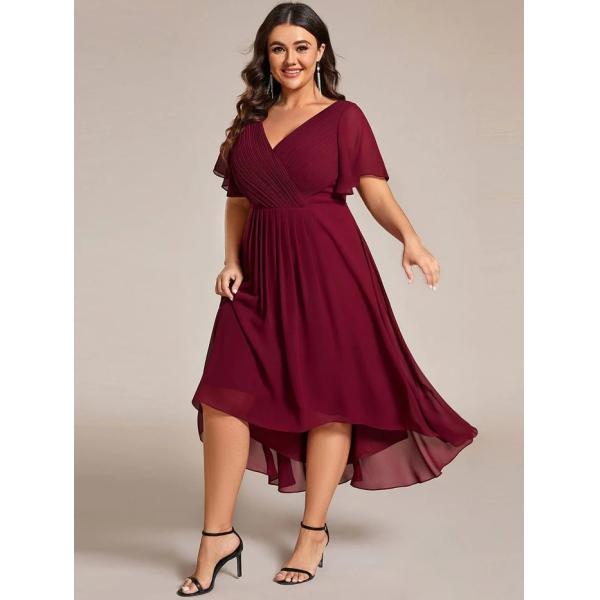 Empire Plus Size V-neck High-low A-line Short Sleeve Ruffled Burgundy Chiffon Wedding Guest Prom Dress