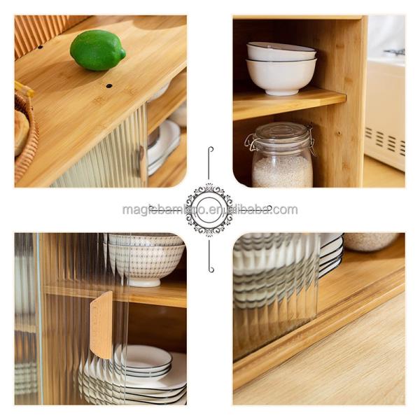 Bamboo Wall Mounted Kitchen Pantry Organizers Sideboard With Transparent Doors