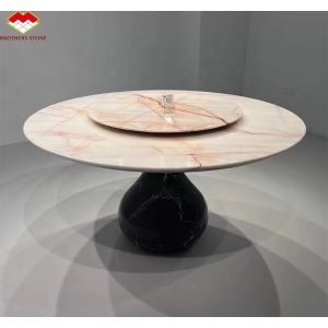 Custom White Onyx Marble Matt Finish Modern Luxury Round Dining Table with Red