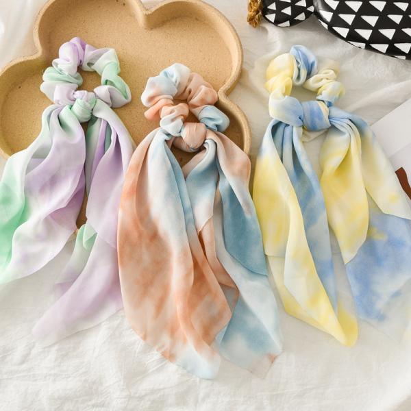 Thin tie dyeing 2 in 1 rainbow bridal hair accessories streamer coil lady updo chiffon scrunchie headpiece wholesale
