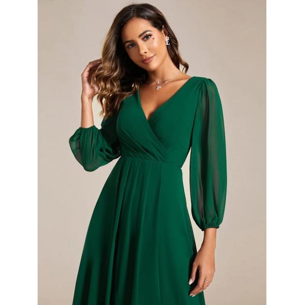 Elegant Empire Long Sleeve V-neck High Low A-line Ruffled Midi Dark Green Chiffon Wedding Guest Evening Dress