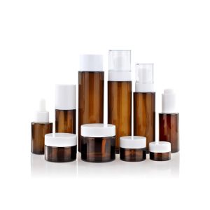 Quality Round Amber Glass Skincare Packaging Customized 20ml 30ml 50ml 80ml 100ml for sale