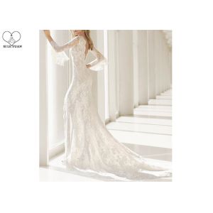 Deep V Neck Long Sleeve Lace Mermaid Wedding Fishtail High Slit Buttons Back