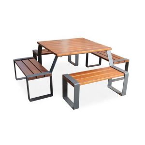 1930L*1930W*680H Steel Wooden Outdoor Table And Bench Seats