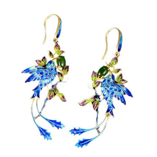 Gold Plated Stering Silver Drop Earrings with Cloisonne Enamel Phoenix Style Fashion Jewelry(E6050601BLUE)