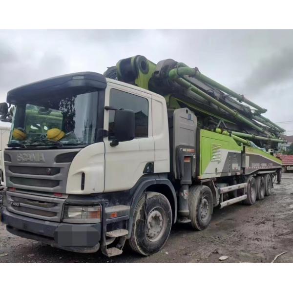 Used 2018 Zoomlion 63m concrete pump truck with Scania chassis, showing discounted price for sale