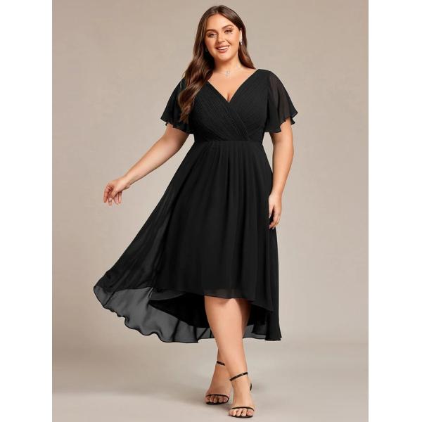 Empire Plus Size V-neck High-low A-line Short Sleeve Ruffled Black Chiffon Wedding Guest Cocktail Dress