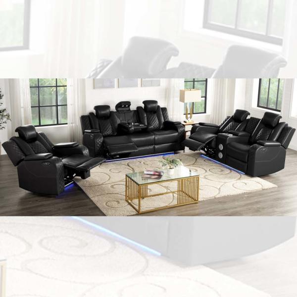 Power Recliner Sofa set with Power Recliner Seats and Power Headrests and Dropdown Table and Speaker and Storage and LED Light, Black Leatherette