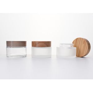 50ML GlASS EMPTY JARS WITH WOODEN LID,BAMBOO CAP SKINCARE LOTION COMESTIC