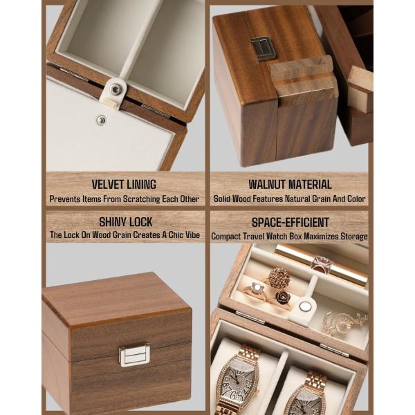 Watch Box, Watch Travel Case For Men, Wood Watch And Jewelry Holder Organizer For Woman, Portable Protection 2-Slot Watc