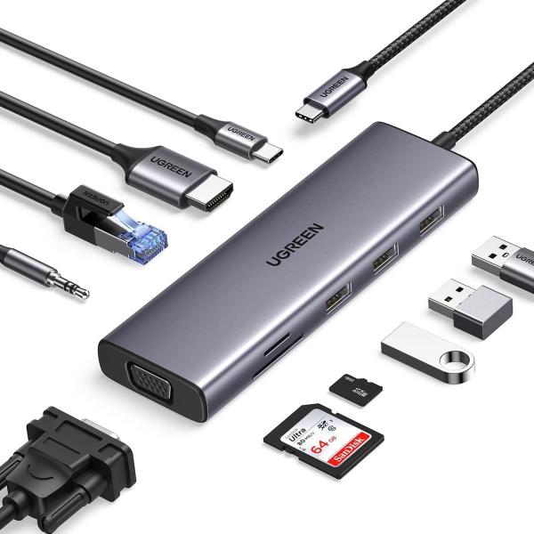 Buy USB C Hub, 10-in-1 USB-C Dongle with 4K-HDMI & VGA Dual Monitor,1Gbps Ethernet,100W PD,3 USB 3.0 Ports,3.5mm Audio Jack at wholesale prices