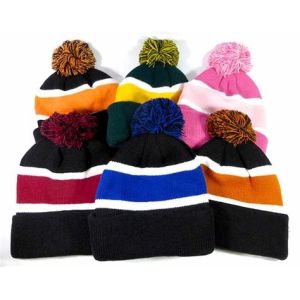 Black And White Strips Knit Pom Pom Beanie For Adults Embroidery Logo Founded