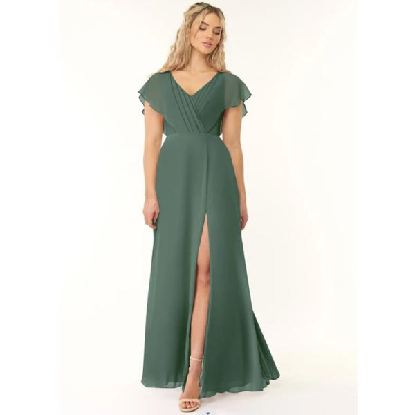 Customized Plus Size Elegant Pleated Chiffon Long Bridesmaid Dress A-Line Short Sleeves V-Neck Keyhole Back