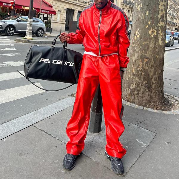 Clothing Manufacturers Custom Leather Tracksuit Zip up Cropped Waistband Streetwear Jacket and Baggy Stacked Sweatpants Set