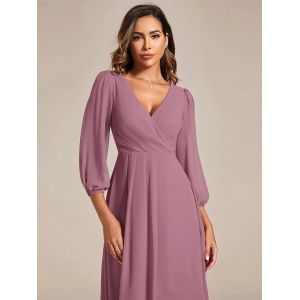 Elegant Empire Long Sleeve V-neck High Low A-line Ruffled Midi Purple Orchid
