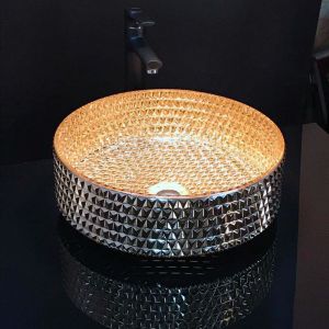Vanity Round Bathroom Basin Chromed Gold Diamond Shape Crystal Glass