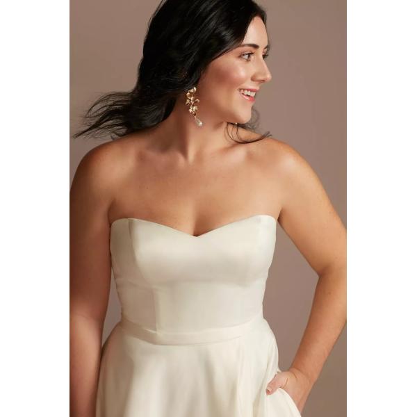 Stunning Strapless V-neckline Chapel Train A-line Plus Size Zipper High Split Slit White Satin Wedding Dress