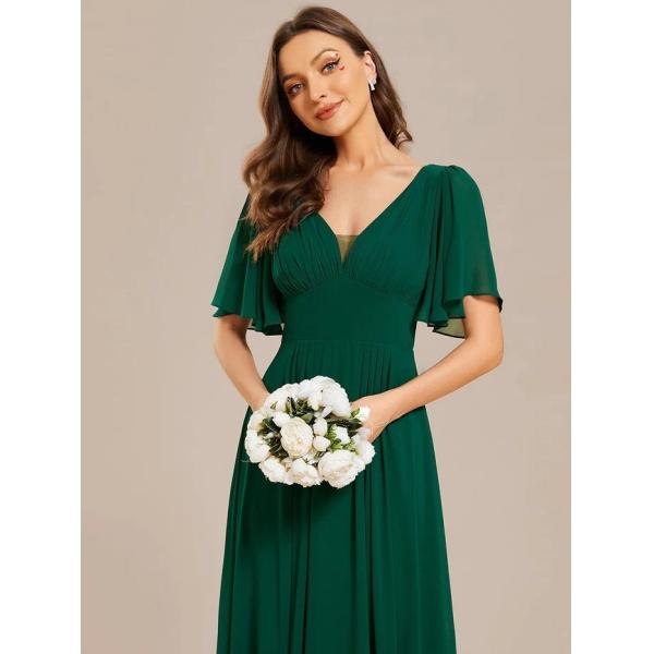 Simple V-neck Zipper Short Sleeves Empire Waist A-line Maxi Ruffled Dark Green Chiffon Bridesmaid Dress