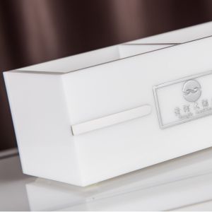 White acrylic with stainless stick tea box can hotel supply