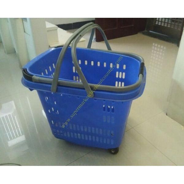 Buy 50L Supermarket Plastic Shopping Basket With Wheels , Long Bar Retractable Handle at wholesale prices