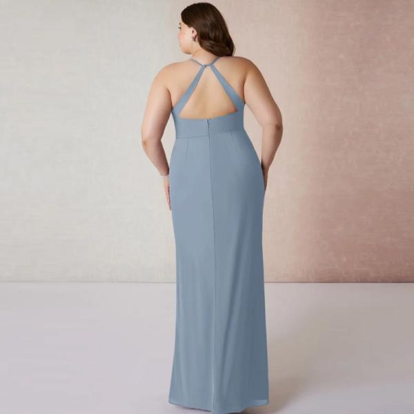 Factory Customized Chiffon Dusty Blue Floor-Length Bridesmaid Dress V-Neck Spaghetti Straps Sheath Front Split Slit