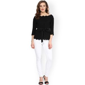 Women Fashionable Black Scalloped Top