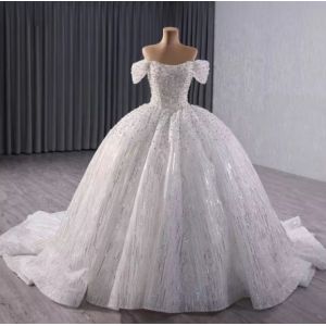 Quality Shiny Off-the-shoulder Beaded Puffy Empire Ball Gown Court Train White Sequins Wedding Dresses for sale