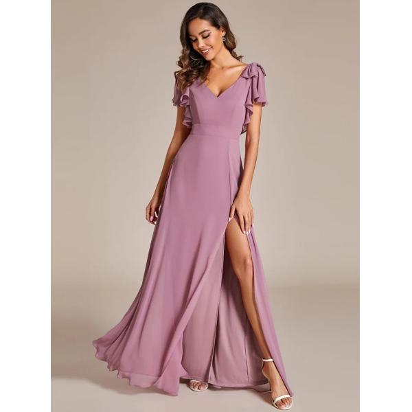 Empire Plus Size V-neck High Split A-line Short Sleeve Zipper Purple Orchid Chiffon Evening Dress