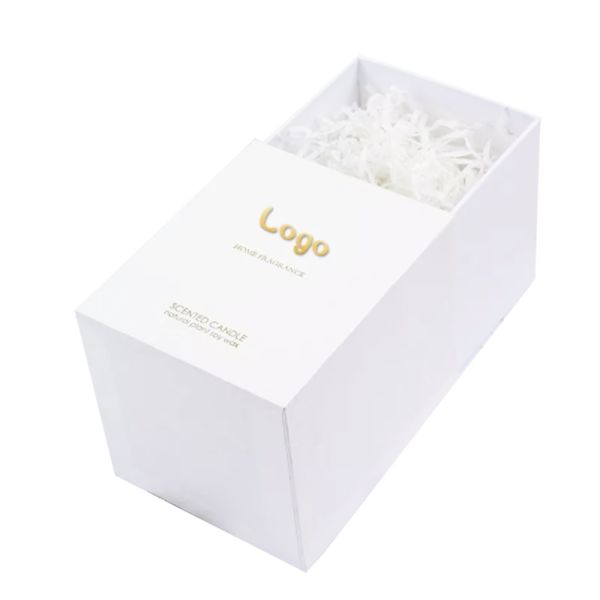 Buy Custom Luxury Rigid Paperboard Gold Foil Print Logo Scented Candle Jar Storage Gift Packaging White Drawer Boxes for Candle at wholesale prices