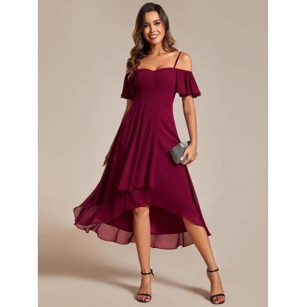 Empire Off-shoulder Spaghetti Strap Zipper High-low Wedding Guest Dresses Short Sleeves Burgundy Chiffon Evening Dress