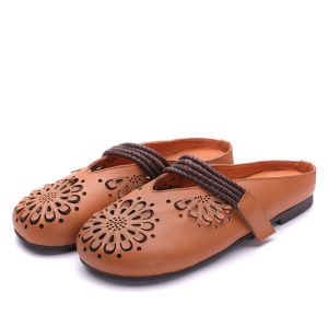 S066 Boutique retro hand-carved hollow women's shoes, leather feet, velcro, flat
