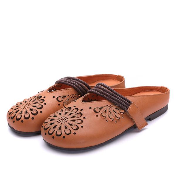 S066 Boutique retro hand-carved hollow women's shoes, leather feet, velcro, flat