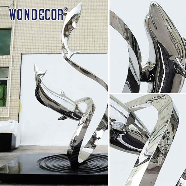 Large outdoor metal art abstract marine animal dolphin and ribbon stainless steel sculpture