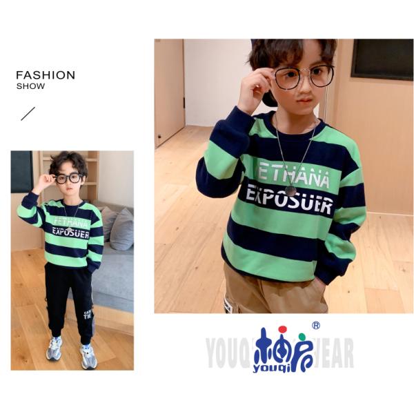 Green And Black Boys Striped Crewneck Sweater Letter Printed