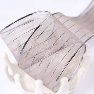 10mm-25mm Gold Line Striped Polyester Organza Ribbon for Gift Wrapping and Boxes