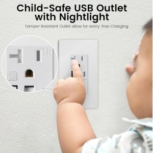 Wall Mounted Night Light USB Outlet 20A 2700K Tamper Resistant
