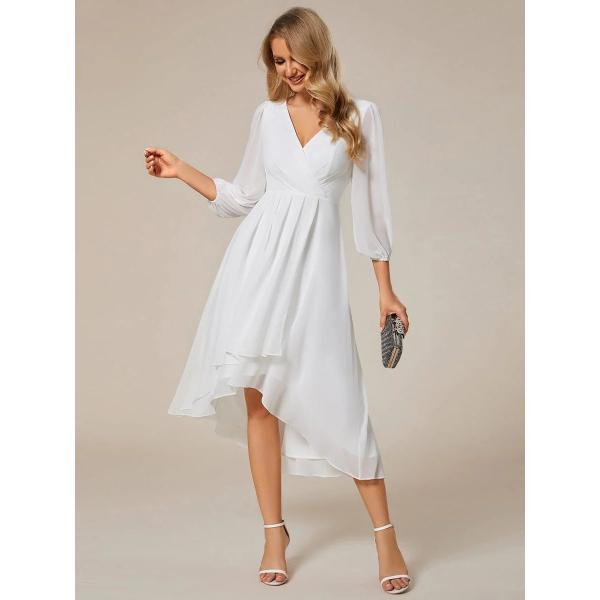 Elegant Empire Long Sleeve V-neck High Low A-line Ruffled Midi Purple Orchid Chiffon Wedding Guest Homecoming Dress