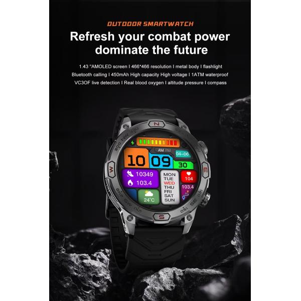 KC86 Men Smart Watch 1.43 Inch HD Large Screen BT Call Flashlight Compass Smart Watch 450mAh