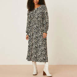 Ladies Elastic Waist Dress for Women Clothing Manufacturers Elegant Custom Logo Zebra Print Long Sleeve Dresses