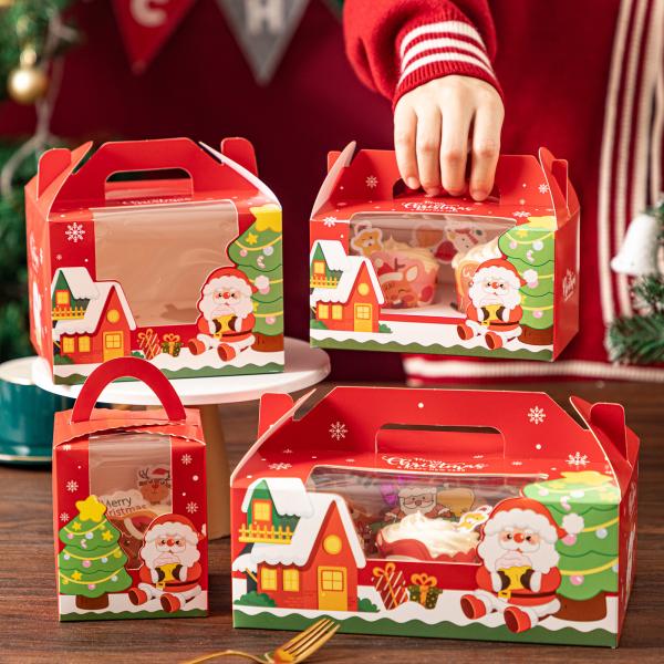 Christmas Cupcake Box Set Transparent Window Bakery Packaging Handle Carry Boxes