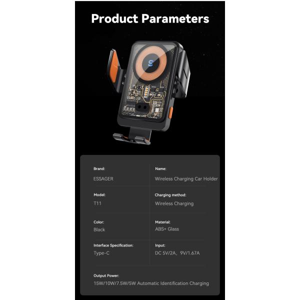 ESSAGER T11 Series Wireless Car Charger Holder Wireless Charging Phone Stand 5V/2A