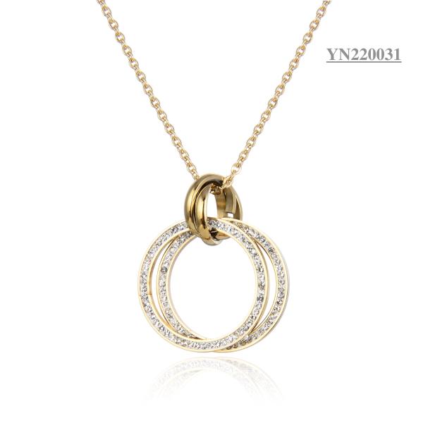 Buy Gold Stainless Steel Fashion Necklaces Double Rhinestone Ring Pendant Necklace at wholesale prices
