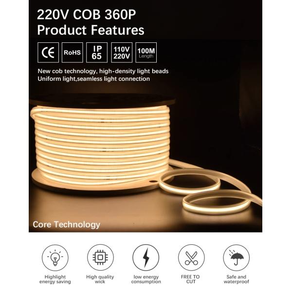 110V 220V COB LED Strip 480d/M 50 Meter LED Rope Light IP65 Outdoor Strip Light Heat Resistant