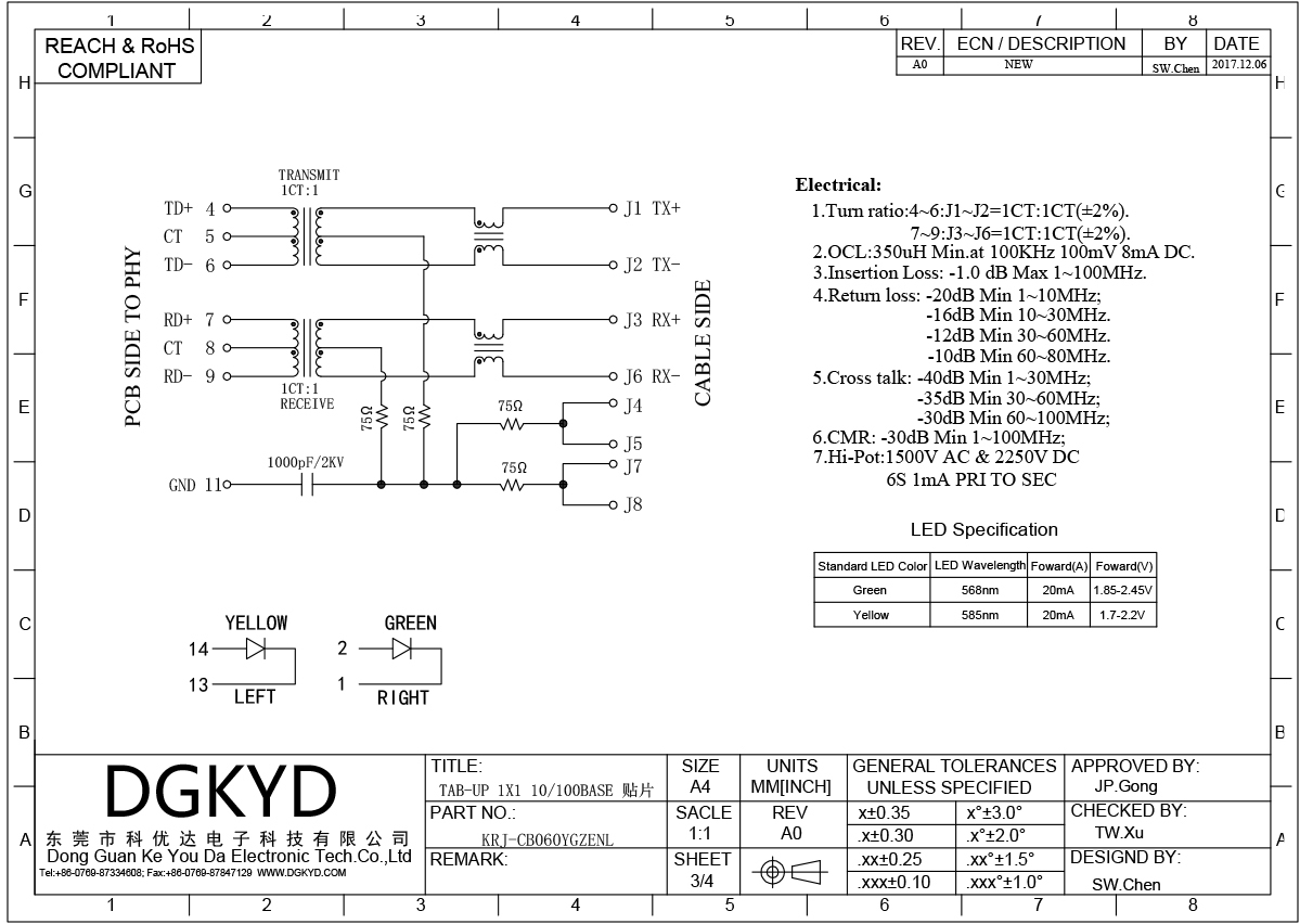 PCB Magnetic Jack With Megabit Transformer SMT SINK RJ45 Ethernet Connector KRJ-CB060YGZENL