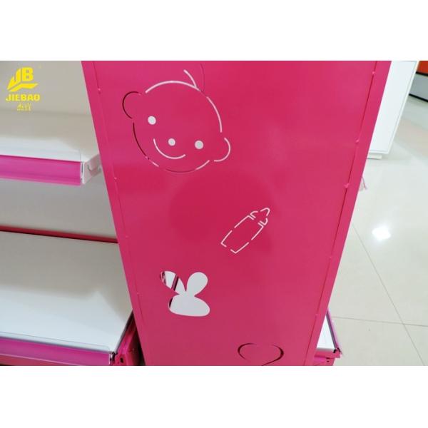 Pink Color Grocery Display Racks With Laser Cartoon Side Panel 1.4M High Steel