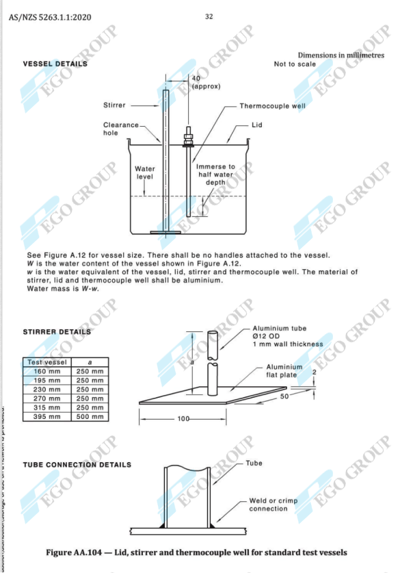 Standard Test Vessel for Gas Burner Compliant with AS/NZS 5263.0 in Commercial Quality Aluminum with Diameter Options 160mm to 315mm