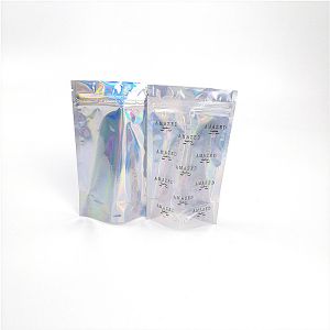 Shinny Glossy Hologram Cosmetic Packaging Bag Biodegradable With Transparent Front