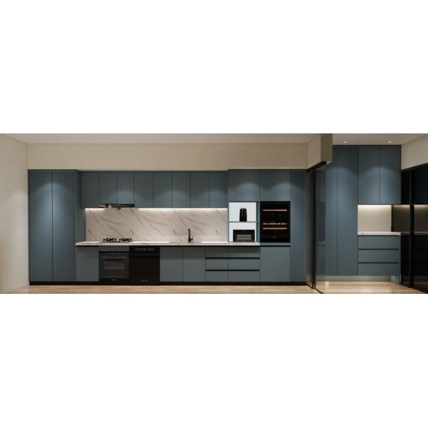 Buy Sleek Cohesive Modern Kitchen Cabinet With Blue Grey Grill Panel Design at wholesale prices