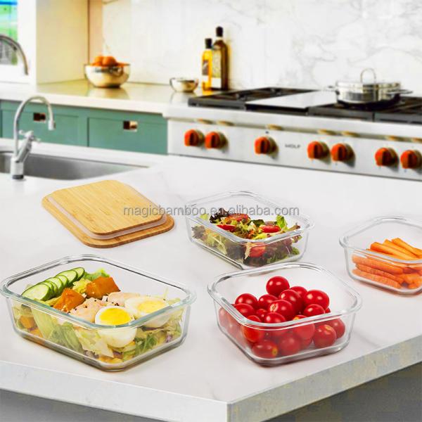 Kitchen Square Glass Jar Lunch Box Container With Bamboo Lid Customizable and Durable